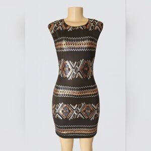 As U Wish Metallic Tribal Print Bodycon Dress (Juniors L- Fits Like A Women S)